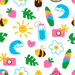 Summer doodle characters seamless pattern. Cute smiling tropical leaves, sea wave, watermelon, bee, heart, flower. Cute childish print. Vector illustration isolated on white background