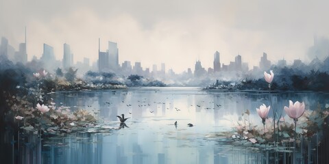 AI Generated. AI Generative. Lake water field wild flowers with urban city on background. Oil water color paint draw canvas nature outdoor landscape view relaxing vibe