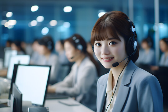 Call Center Women Smiled Working In Front Of Laptop