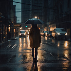 Female outdoors in rainy night, rear view of the elegant woman under black umbrella looking on the city lights, city life, loneliness and melancholy concept