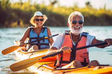 an elderly man with friends, families, kayaking on the water, generated by ai - obrazy, fototapety, plakaty