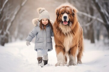  girl in winter clothes walks her dog along snowy street