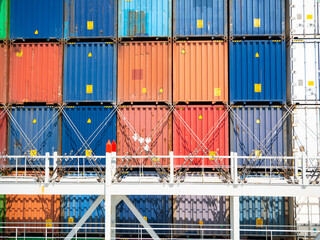 Different color containers loaded on ultra large container vessel and construction of lashing...