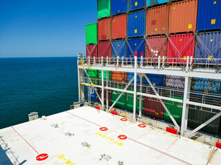 Different color containers loaded on ultra large container vessel and construction of lashing...