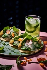 Tacos de Nopal, paired with a chilled horchata, under ambient restaurant lighting, photographed with a Fujifilm X-T3, using a 35mm f/1.4 lens --v 5.2 --ar 83:125 --no cutlery knives forks spoons hands