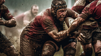 Rugby players fighting in the mud for the ball. Generative AI - obrazy, fototapety, plakaty