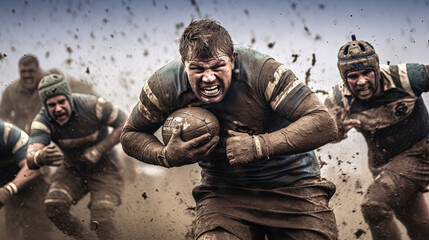 Rugby player in the mud. Sports photography. Generative AI