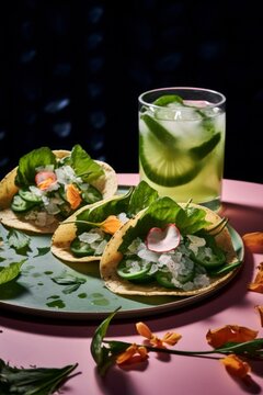 Tacos de Nopal, paired with a chilled horchata, under ambient restaurant lighting, photographed with a Fujifilm X-T3, using a 35mm f/1.4 lens --v 5.2 --ar 83:125 --no cutlery knives forks spoons hands
