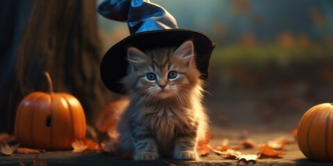 A cute cat dressed as a witch for Halloween in autumn background, Happy Halloween Day, generative ai