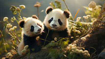 Fototapety  2 cute cuddly panda babies playing with each other in the green grass, generative AI