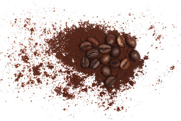 Pile of powdered, instant coffee and beans isolated on white, top view