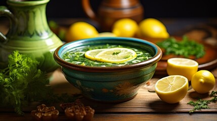tangy Lime Soup served in a ceramic bowl, accentuated by the surrounding decor of a rustic kitchen, captured with a Canon EOS 5D Mark IV, using a telephoto lens --v 5.2 --ar 16:9 --no cutlery knives f
