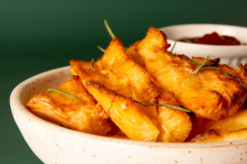 Top view Delicious Fried Cassava in Handcrafted White Ceramic Bowl on Green Studio Background