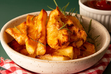 Top view Delicious Fried Cassava in Handcrafted White Ceramic Bowl on Green Studio Background