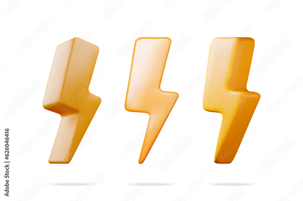 Poster 3d lightning sign from different angles collection isolated. render set of yellow plastic lightning 