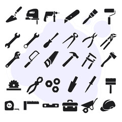 Set of editable vector tools, icon, tool, vector, tools, set, hammer, icons, brush, scissors, illustration, symbol, saw, silhouette, equipment, screwdriver, repair, wrench, construction, work