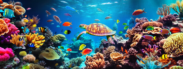 Fototapeta na wymiar Colourful tropical sea fish swimming over coral reef, large turtle in middle. Generative AI