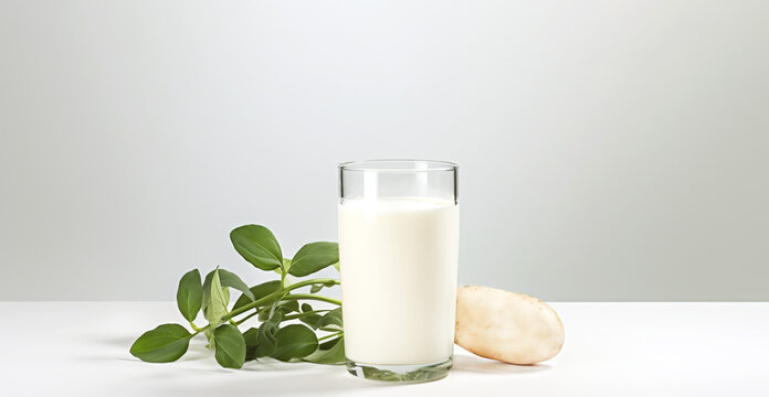 Vegan potato milk from purple potato in glass on gray bacgkground. Generative AI content