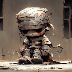 AI Generated. AI Generative. Little kid sad mummy cartoon character halloween. Holiday scary boo fear monster horror comic style monster. Graphic Art