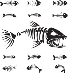 set of fish bone vector elements, fish, sea, animal, vector, fishing, illustration, water, ocean, cartoon, icon, shark, underwater, nature, silhouette, set, tuna, fin, aquatic, marine, food, sea