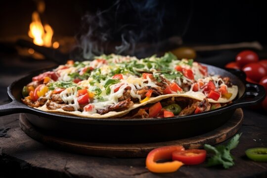 fajitas neatly presented in a cast iron skillet with a sprinkle of melted cheese and fresh tomatoes