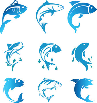 set of fish vector element, fish, sea, animal, vector, fishing, illustration, water, ocean, cartoon, icon, shark, underwater, nature, silhouette, set, tuna, fin, aquatic, marine, food, swimming, sea