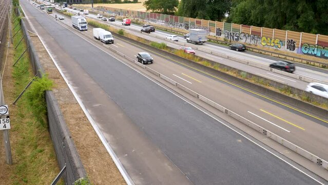 Raunheim, Germany - July 21, 2023: Dense traffic and traffic jam on German highway A3 between Wiesbadener Kreuz and Raunheim 
