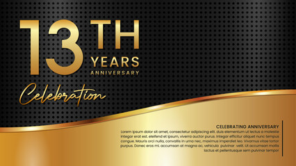 13th anniversary template design in gold color isolated on a black and gold texture background, vector template - obrazy, fototapety, plakaty