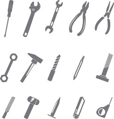 Set of editable vector tools, icon, tool, vector, tools, set, hammer, icons, brush, scissors, illustration, symbol, saw, silhouette, equipment, screwdriver, repair, wrench, construction, work