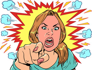 Express your anger at other people. In comic book style, the girl is in a state of anger. The woman screams in rage and points with her index finger. Pop Art Retro