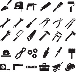 Set of editable vector tools, icon, tool, vector, tools, set, hammer, icons, brush, scissors, illustration, symbol, saw, silhouette, equipment, screwdriver, repair, wrench, construction, work
