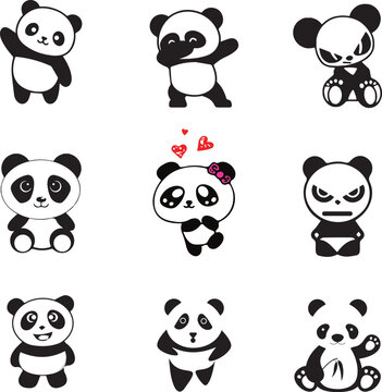 Set of panda cartoon and panda face element, cartoon, animal, vector, panda, set, illustration, icon, baby, animals, dog, pig, bear, character, art, funny, face, cute, elephant, head, cat, lion, cow