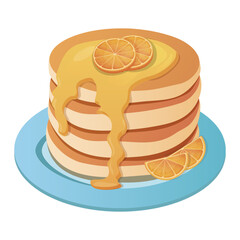 Pancakes with chocolate syrup and orange. Vector illustration, cartoon. American traditional breakfast
