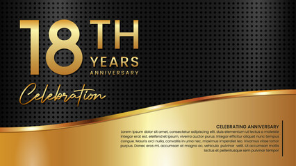 18th anniversary template design in gold color isolated on a black and gold texture background, vector template