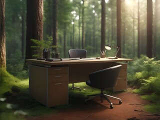 Office desk in forest