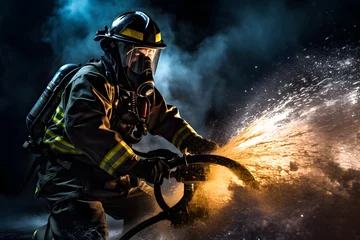 Tuinposter A firefighter extinguishing a fire with a hose © AGSTRONAUT