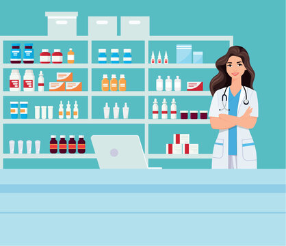 pharmacy with nurse in counter. drugstore cartoon character design vector illustration