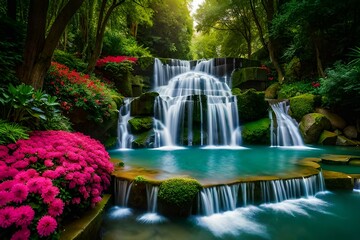 A sprawling park with an artificial Waterfall and Pink Flowers - AI Generative
