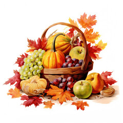 Naklejka na ściany i meble Autumn harvest in a basket, watercolor clipart Generaative AI