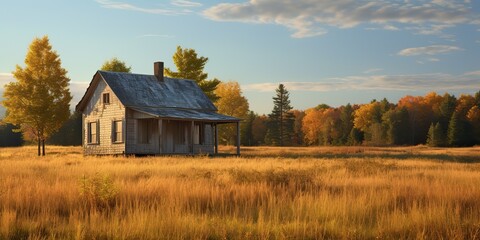 AI Generated. AI Generative. Nature outdoor lonely minimal wooden house on yellow autumn farming field. Adventure vacation countryside background relaxing vibe. Graphic Art