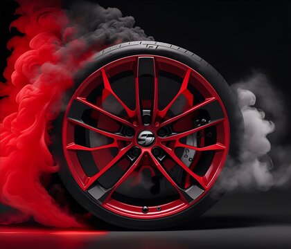 Red sport car wheel with smoke effect