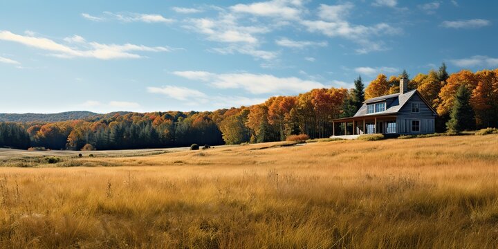 AI Generated. AI Generative. Nature outdoor lonely minimal wooden house in yellow autumn farming field. Adventure vacation countryside background relaxing time view travel