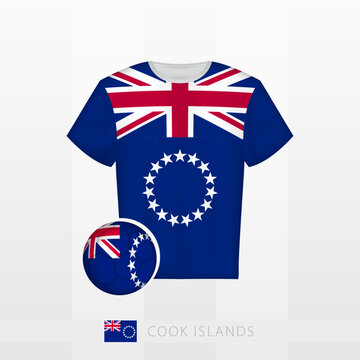 Football uniform of national team of Cook Islands with football ball with flag of Cook Islands. Soccer jersey and soccerball with flag.
