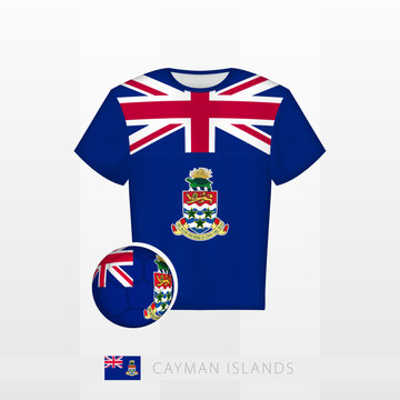 Football uniform of national team of Cayman Islands with football ball with flag of Cayman Islands. Soccer jersey and soccerball with flag.