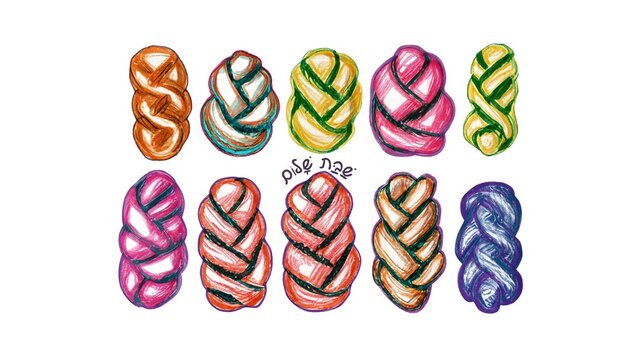 illustration of braided Shabbat Challos with hand written Hebrew lettering with text "Shabbat Shalom"