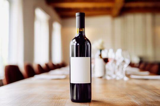 Template of bottle of red wine with wine glasses on wooden table with setting on blurred interior background. Mockup
