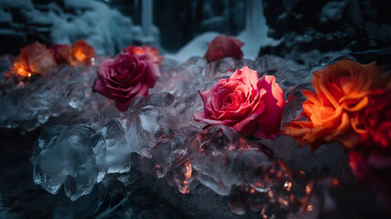 Beautiful roses in the middle of the glacier. Frozen roses scattered in the cold season. Stunning roses with frost around them in early winter. Realistic 3D illustration. Generative AI