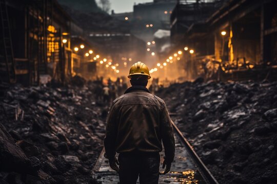 Coal Mining Background with Workers Seen from Behind. AI