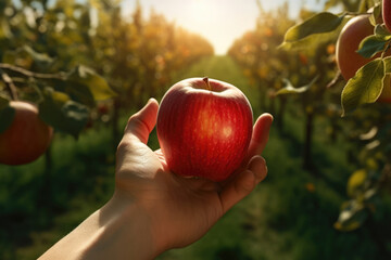Red apple in a hand, autumn harvest Generative AI