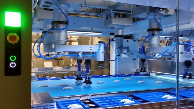 Machine learning used in croissant factory. Machine learning allows to automate processes in factory, make it easier for people to work. Concept Machine learning is way to improve factory production.